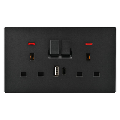 Powerlink accessories 13a dp bs διπλη πριζα με φωτιζομενο neon + USB a + type c 5v 2100ma μαυρη ματ