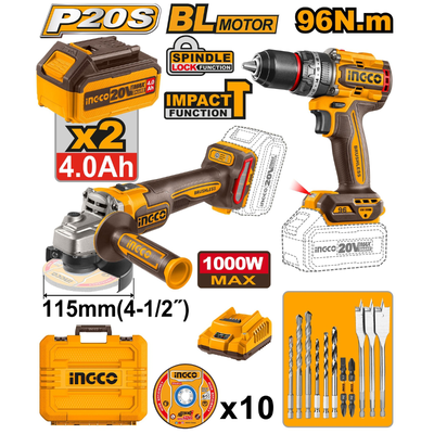 Ingco σετ brushless γωνιακός τροχός και δραπανοκατσάβιδο μπαταρίας 20v με 2 μπαταρίες 4.0ah και φορτιστή cosli241298, , medium
