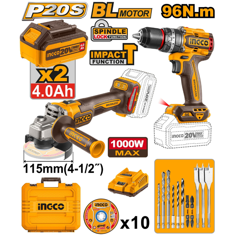 Product image: Ingco σετ brushless γωνιακός τροχός και δραπανοκατσάβιδο μπαταρίας 20v με 2 μπαταρίες 4.0ah και φορτιστή cosli241298, , medium-null