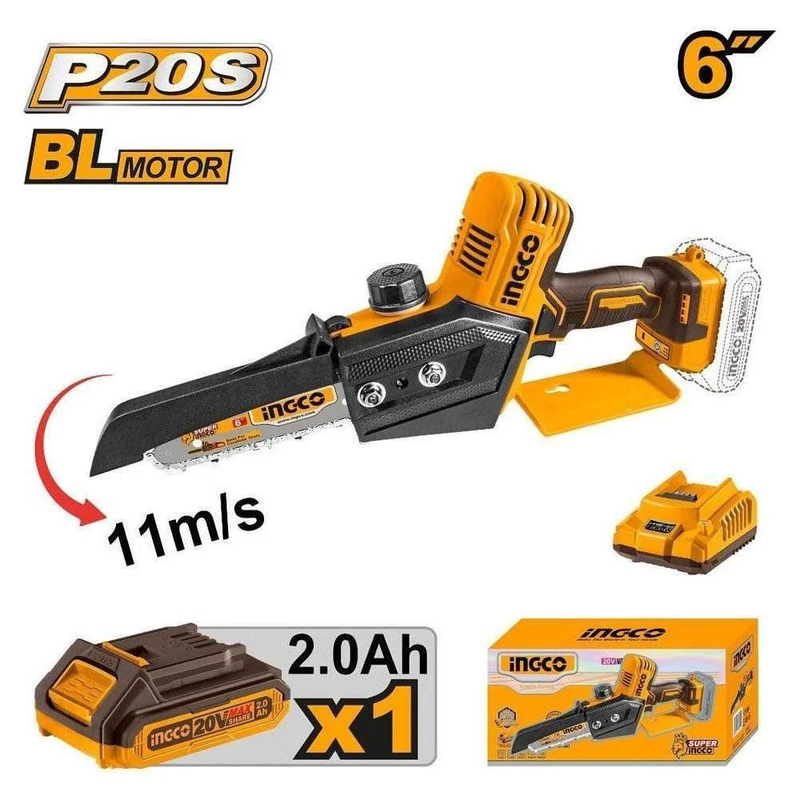 Product image: Ingco σετ μίνι αλυσοπρίονο 6” μπαταρίας 20v με 1 μπαταρία 2ah και φορτιστή, , medium-null