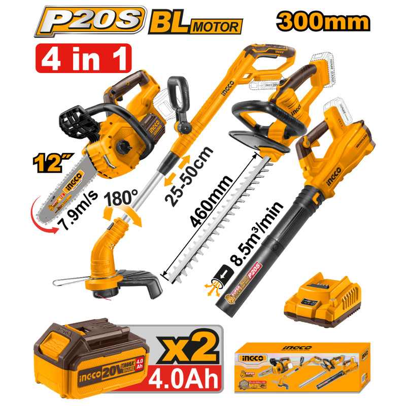 Ingco cosli250496e brushless garden tool set chainsaw, hedge trimmer, blower & lawn mower 20v with batteries - yellow/black, , medium-null