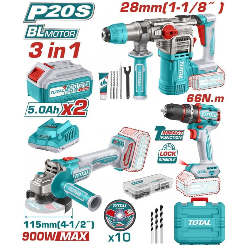 Product image: Total – σετ γωνιακός τροχός & κρουστικό δραπανοκατσάβιδο & πιστολέτο brushless 20v με 2 μπαταρίες 5ah και θήκη – tosli241183e, , medium-null