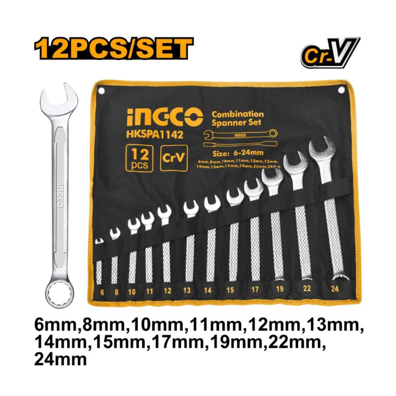 Ingco σετ γερμανικά κλειδιά cr-v 12 τεμάχια με υφασμάτινη θήκη μεταφοράς, hkspa1142, , medium-null