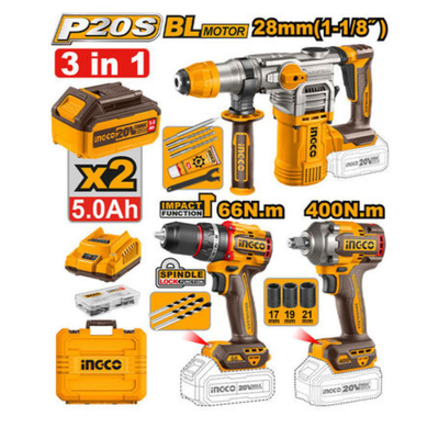 Ingco σετ brushless εργαλείων μπαταρίας 20v kρουστικό δραπανοκατσάβιδο, μπουλονόκλειδο, περιστροφικό κρουστικό πιστολέτο με 2 μπαταρίες 5αh, 1 φορτιστή & θήκη μεταφοράς ckli20638e, , medium