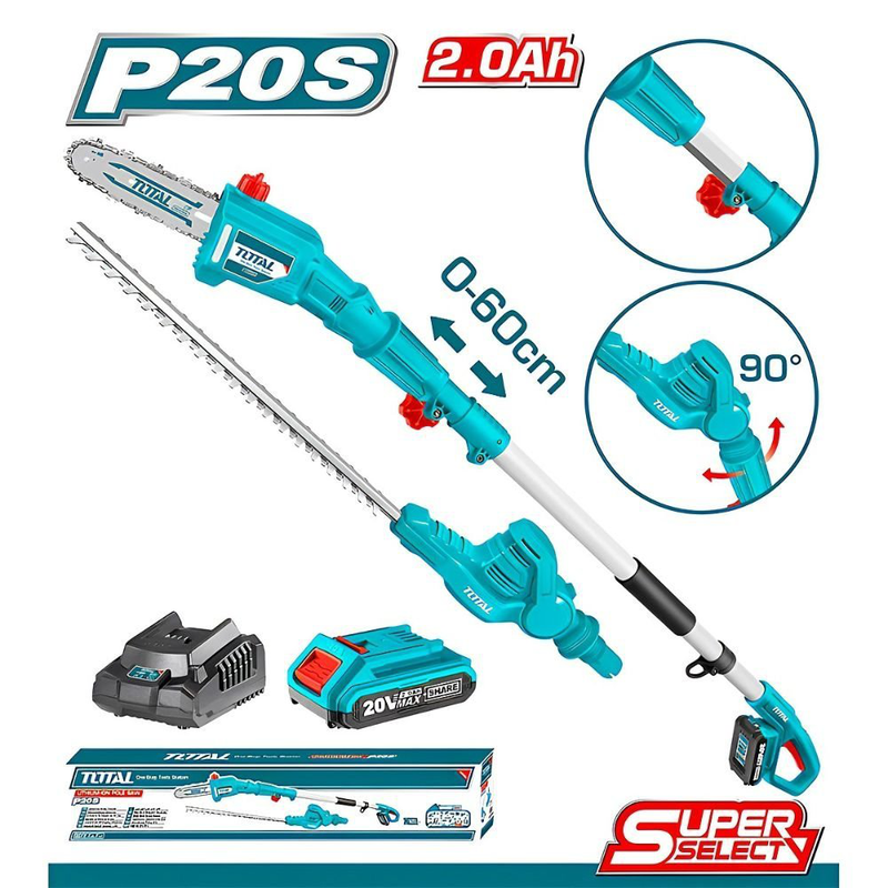Product image: Total σετ τηλεσκοπικό κονταροπρίονο και ψαλίδι μπορντούρας 20v με 1 μπαταρία 2ah και 1 φορτιστή, , medium-null