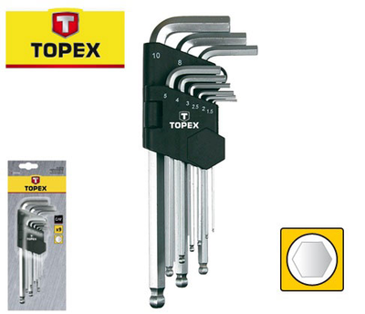 Topex 9pcs μακρυ εξαγωνο σετ κλειδιων μπιλιας crv 1.5-10mm