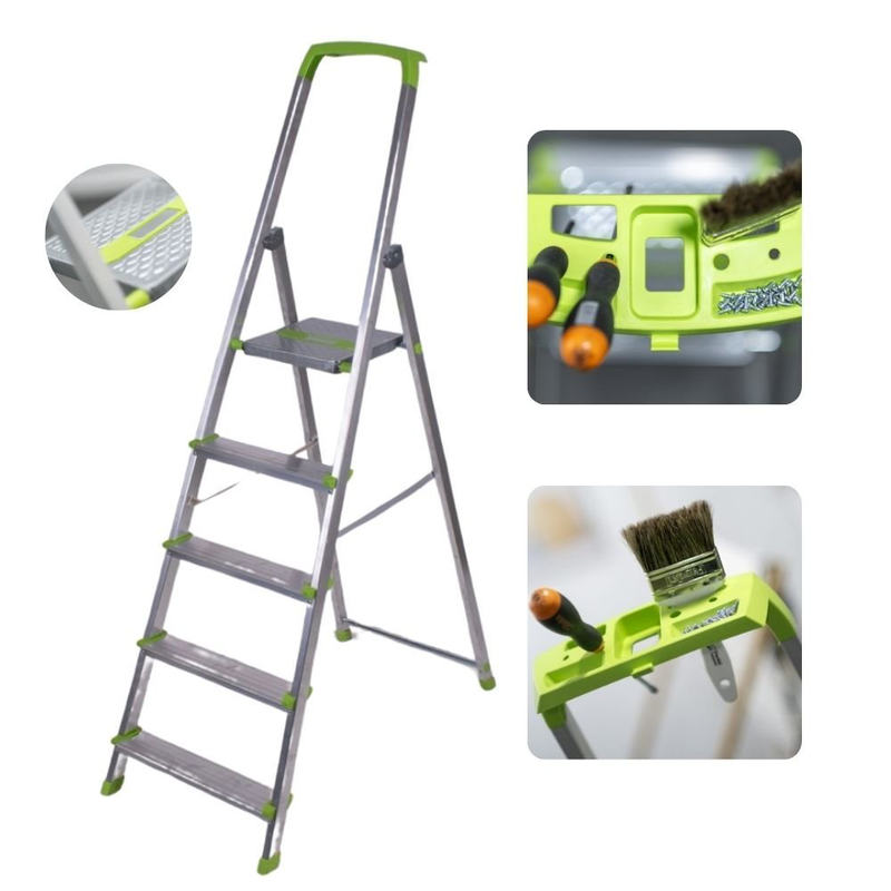 Product image: Σκάλα αλουμινίου 4+1 σκαλοπάτια με θήκη για εργαλεία 150kg max, , medium-null