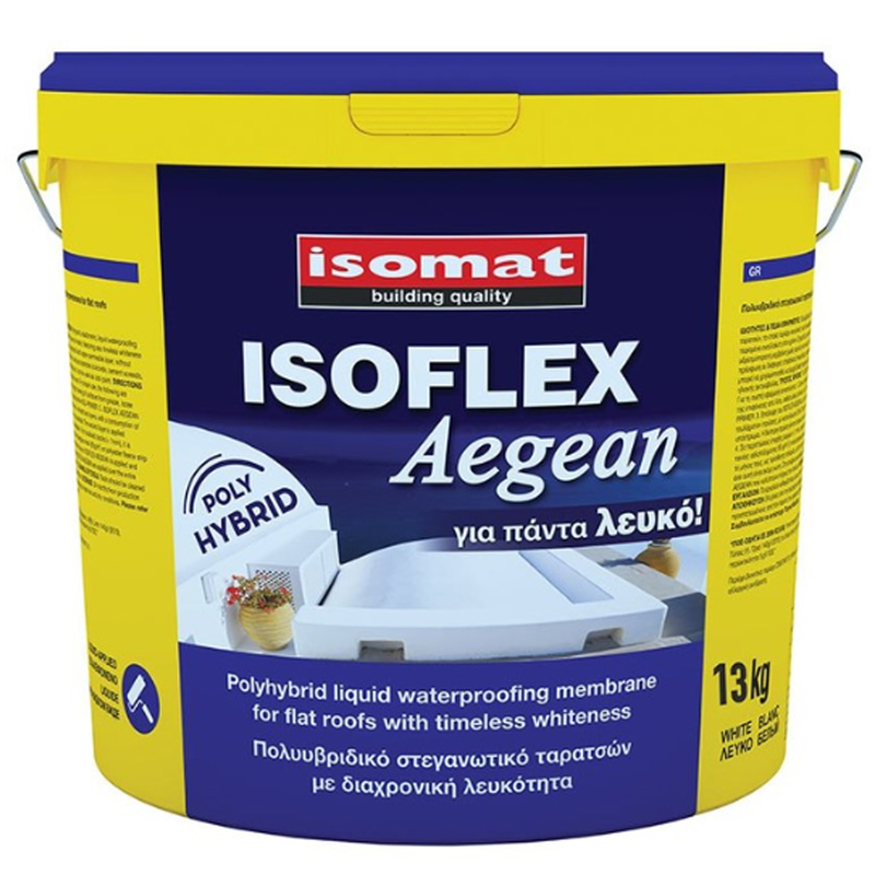 Isomat polyhybrid, elastomeric, water-based, liquid waterproofing membrane for flat roofs 1kg white aegean-null