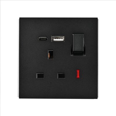 Powerlink accessories 13a dp bs 1-gang socket with neon + USB a + type c 5v 2100ma black matte, , medium