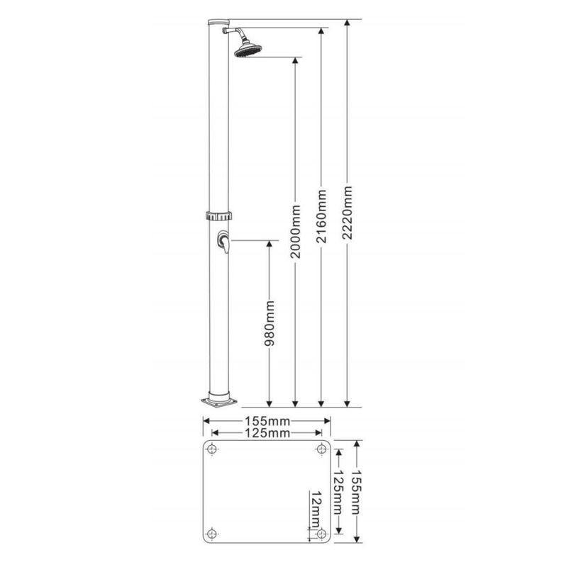 Outdoor solar shower column 20ltr black/silver 155x155x2220mm, , medium-null