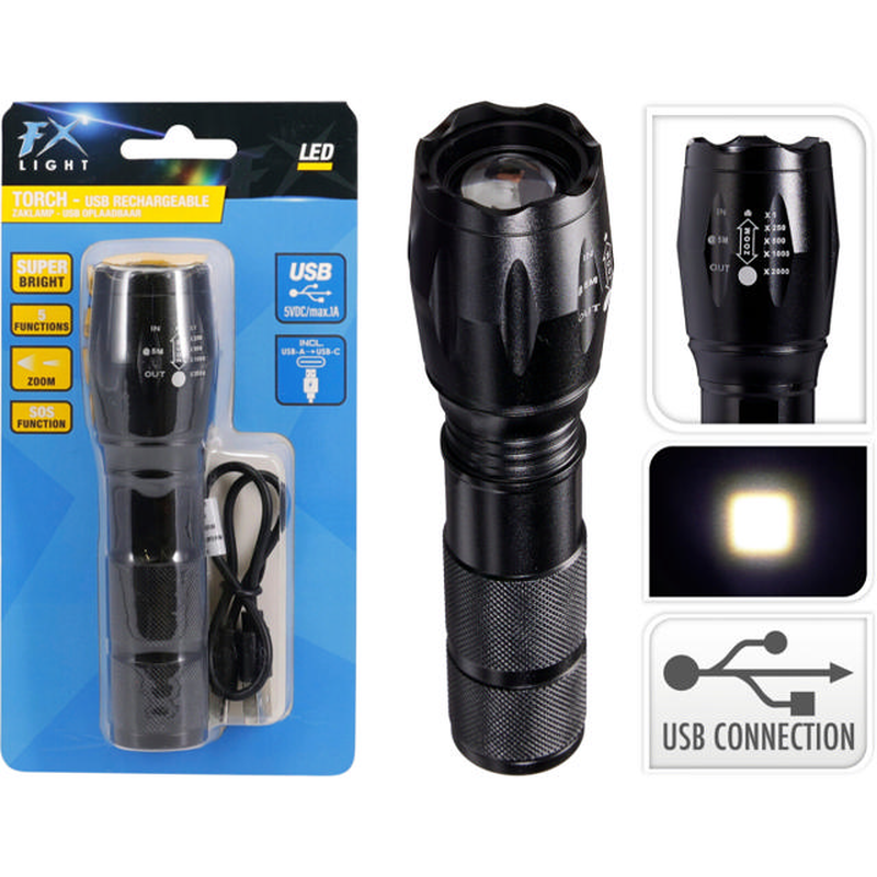 Rechargeable aluminium flashlight with power bank - black, , medium-null