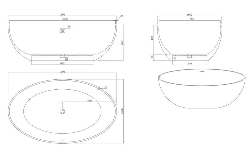 Free standing solid surface bathtub white matte 170x100x56cm, , medium-null