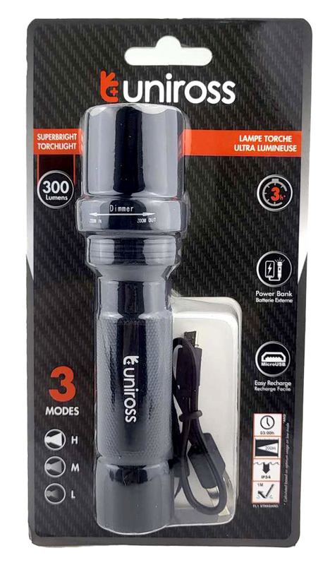 Uniross ulfl014 USB rechargeable pocket flashlight ip54 300 lumens & powerbank function, , medium-null