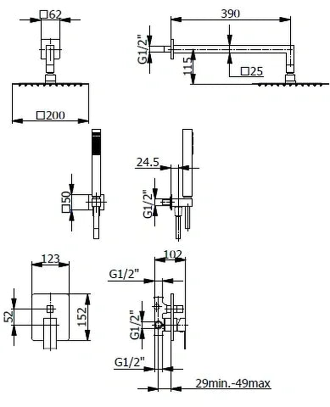Incasso square built-in complete shower mixer, , medium-null