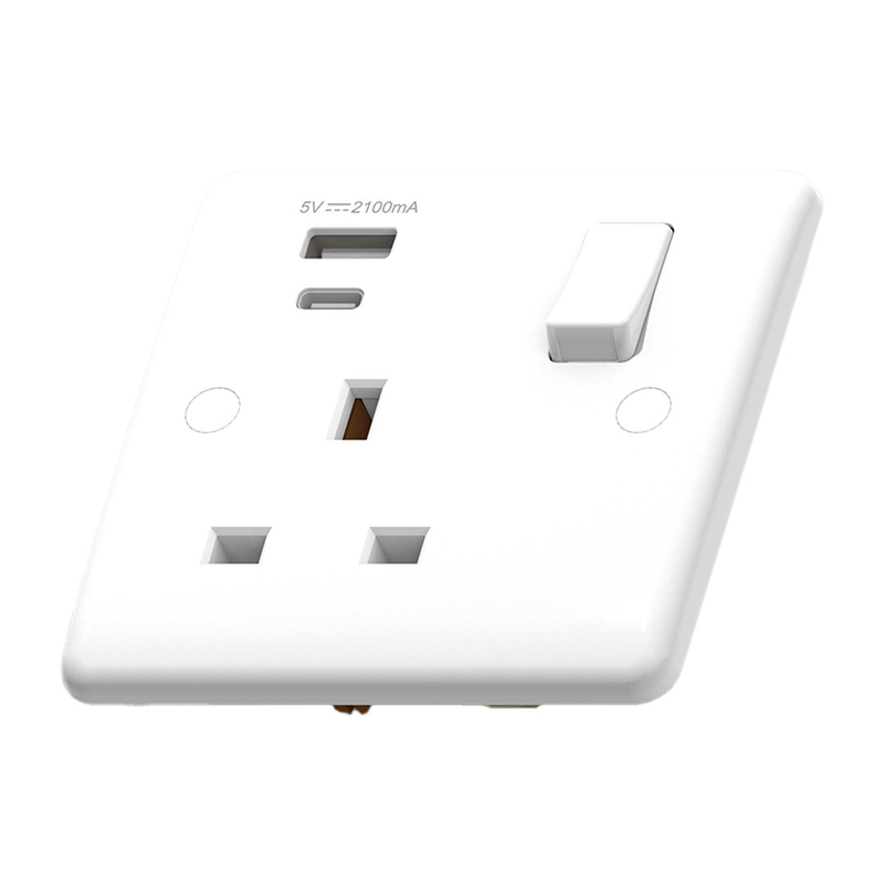 Powerlink accessories 13a sp 1-gang switched socket with dual USB charger type-a & Type-C white, , medium-null