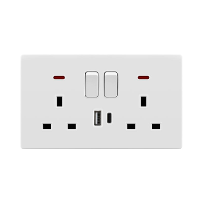 Powerlink accessories 13a dp bs 2-gang socket with neon + USB a + type c 5v 2100ma white, , medium