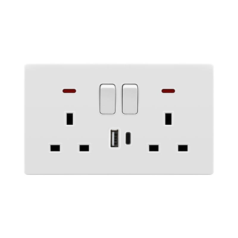 Powerlink accessories 13a dp bs 2-gang socket with neon + USB a + type c 5v 2100ma white, , medium-null