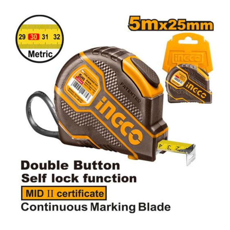 Product image: Ingco μετροταινία 5mx25mm με κάλυμμα καουτσούκ & λειτουργία αυτοκλειδώματος, , medium-null