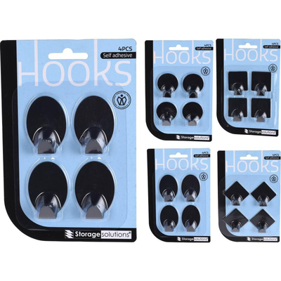 Self adhesive hooks 4pcs black - assorted designs, , medium