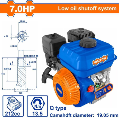 Wadfow κινητήρας βενζίνης 7hp 212cc με άξονα σφήνα, αερόψυκτο σύστημα, χειροκίνητη εκκίνηση & αισθητήρας λαδιού wgnaa170q, , medium