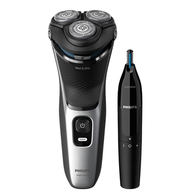 Philips series 3000 επαναφορτιζόμενη περιστρεφόμενη ξυριστική μηχανή προσώπου με τρίμερ για μύτη & αυτιά, 5d pivot & flex κεφαλές, powercut λεπίδες, αδιάβροχη & έως 60 λεπτά λειτουργίας s3143/02, , medium