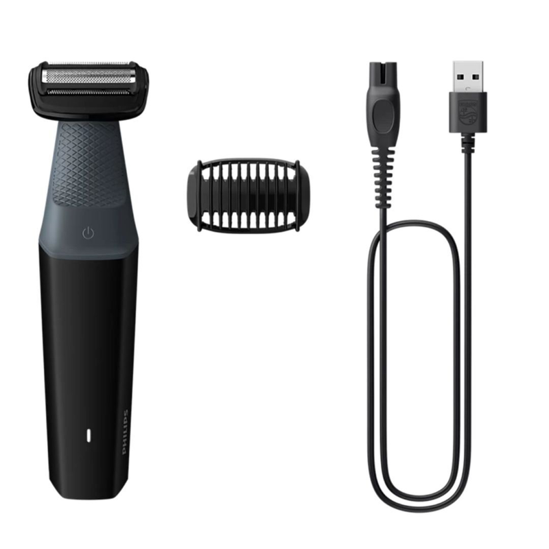 Philips bodygroom series 3000 επαναφορτιζόμενη ξυριστική μηχανή σώματος με διπλής κατεύθυνσης λεπίδες, υποαλλεργικό πλέγμα, αθόρυβη, αδιάβροχη & έως 50 λεπτά χρόνο λειτουργίας bg3017/01, , medium-null