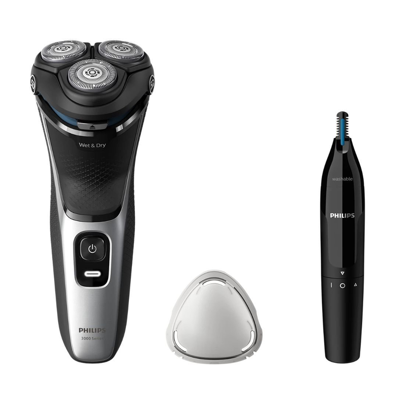 Philips series 3000 επαναφορτιζόμενη περιστρεφόμενη ξυριστική μηχανή προσώπου με τρίμερ για μύτη & αυτιά, 5d pivot & flex κεφαλές, powercut λεπίδες, αδιάβροχη & έως 60 λεπτά λειτουργίας s3143/02, , medium-null