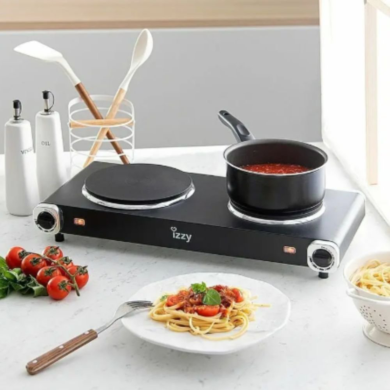 Izzy φορητή επιτραπέζια διπλή εστία εμαγιέ 2500w με ρυθμιζόμενους θερμοστάτες μαύρο, , medium-null
