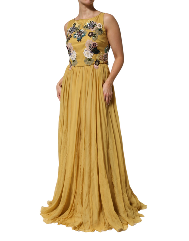 Yellow silk floral embroidered maxi dress-null