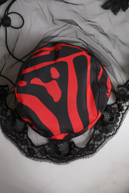 Black red stripes lace tulle bucket hat-null