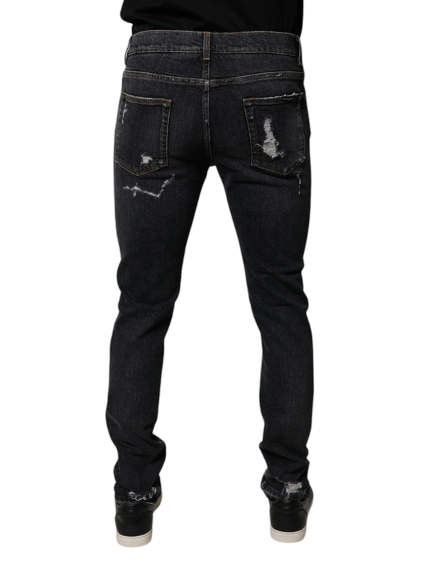 Black tattered cotton skinny men denim jeans-null