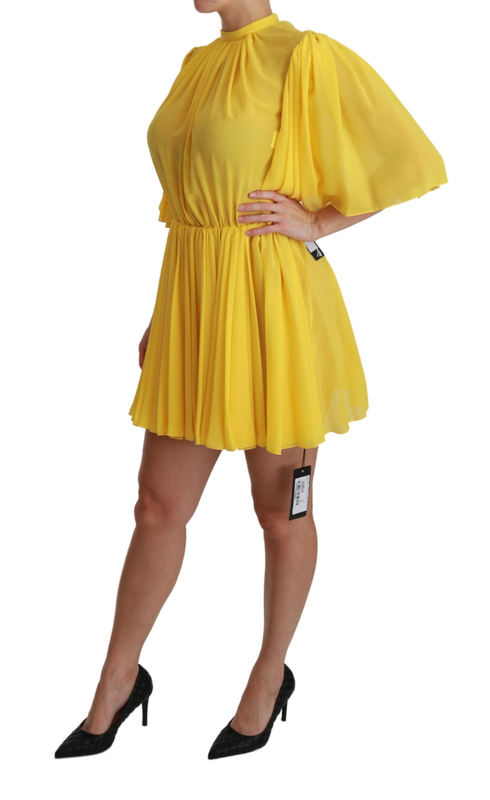 Yellow pleated a-line mini 100% silk dress-null