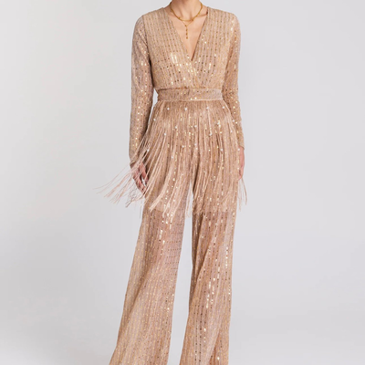 Mya sequined fringes jumpsuit, Gold, medium