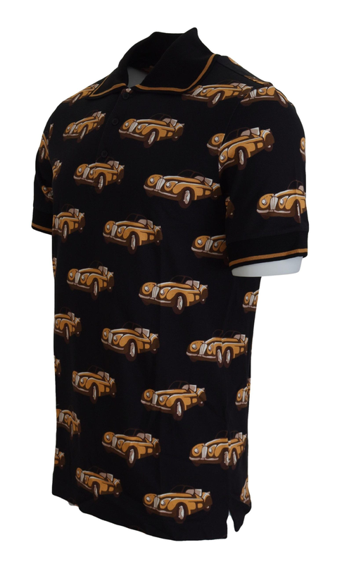Black car print short sleeve polo t-shirt-null