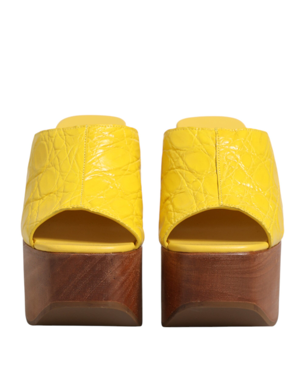 Yellow leather wood mule wedge slides shoes-null