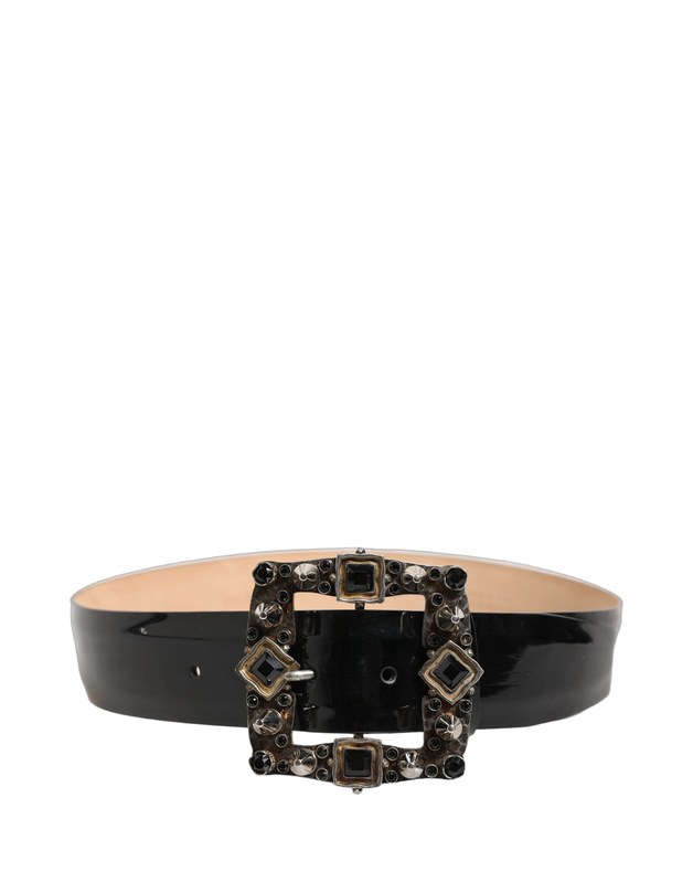 Black leather crystal metal buckle belt-null