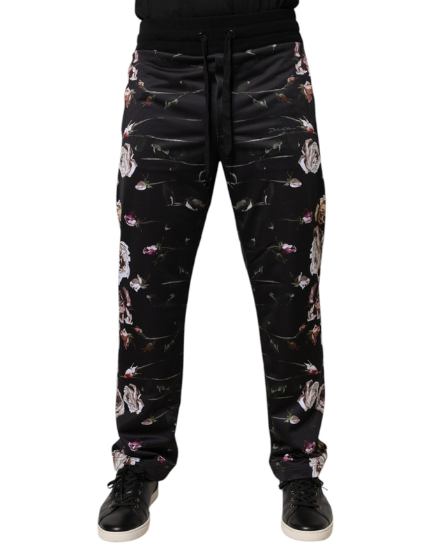 Black floral polyester jogger pants-null