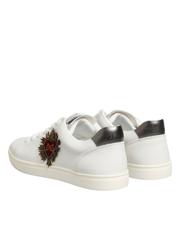 White leather heart embellished sneakers shoes-null