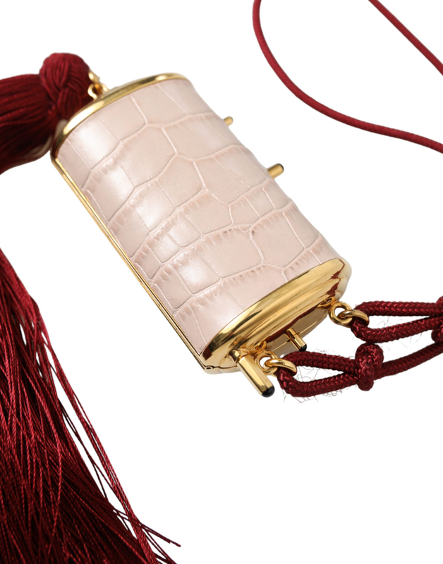 Pink exotic leather mini mirror tassel makeup bag-null