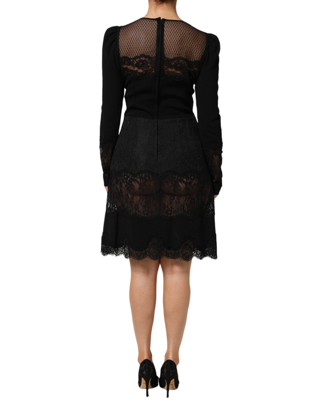 Black floral lace trim sheath a-line dress-null