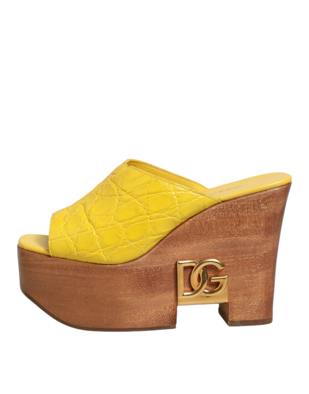 Yellow leather wood mule wedge slides shoes-null