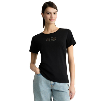 Cotton t-shirt with logo and rhinestones, Black, medium