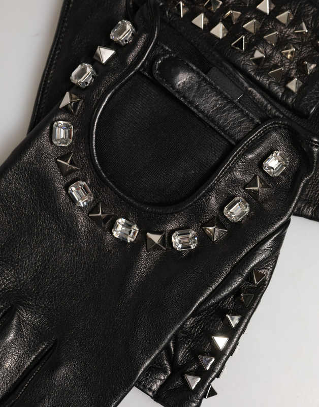 Black embellished wrist length mitten women gloves-null