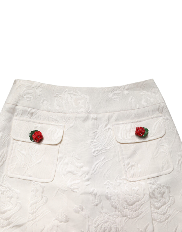 White floral brocade high waist mini skirt-null