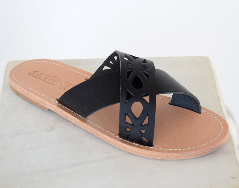 Ancient greek leather sandals, greek women slide sandals, leather sandals-null