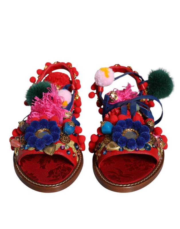 Multicolor pom pom fur wrap sandals shoes-null