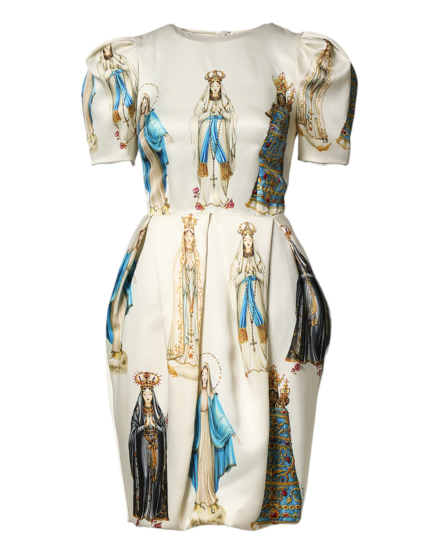 Beige madonne print silk short sleeve dress-null
