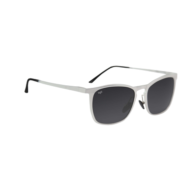 OJO man sunglasses aluminium silver frame and temples with black tips and grey polarised lenses, , medium