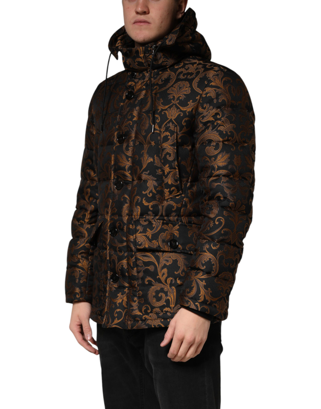 Black floral jacquard quilted hooded jacket-null