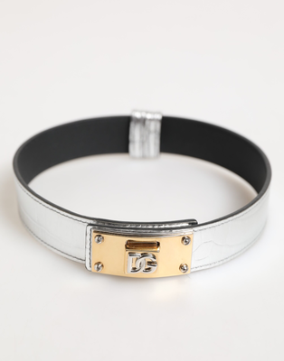 Silver textured leather gold tone metal neckband, Silver, medium